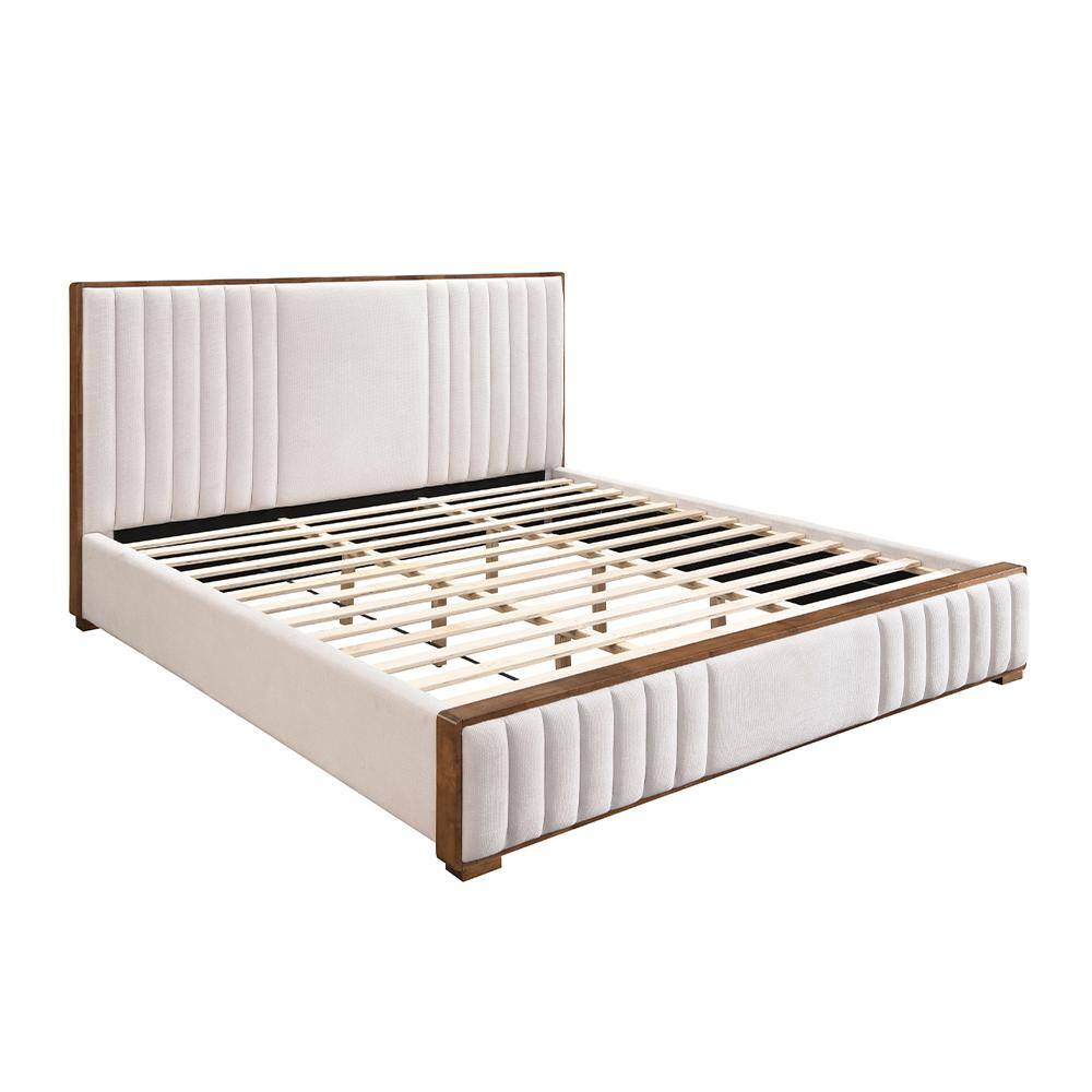 Kaleea Light Gray Chenille and Walnut Queen Bed