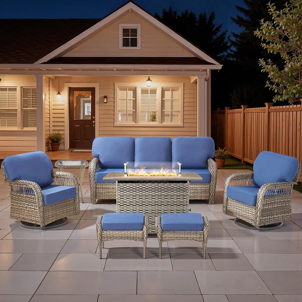 Tyber 7-Piece Gray Wicker Outdoor Fire Pit Patio Conversation Sofa Sets with Swivel Glider Chairs with Blue Cushions price history on PriceWatchPro