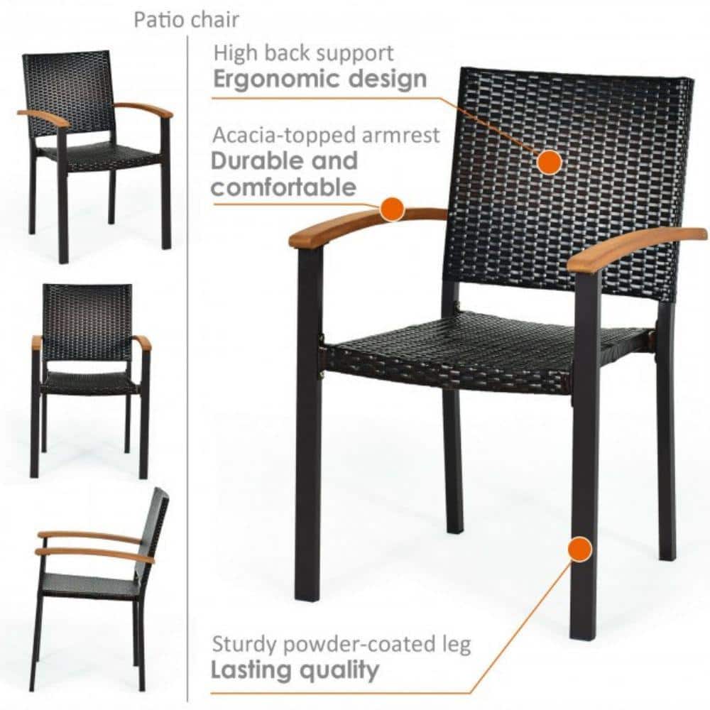 Black Wicker and Acacia Wood Stackable Outdoor Dining Chairs, Set of 4