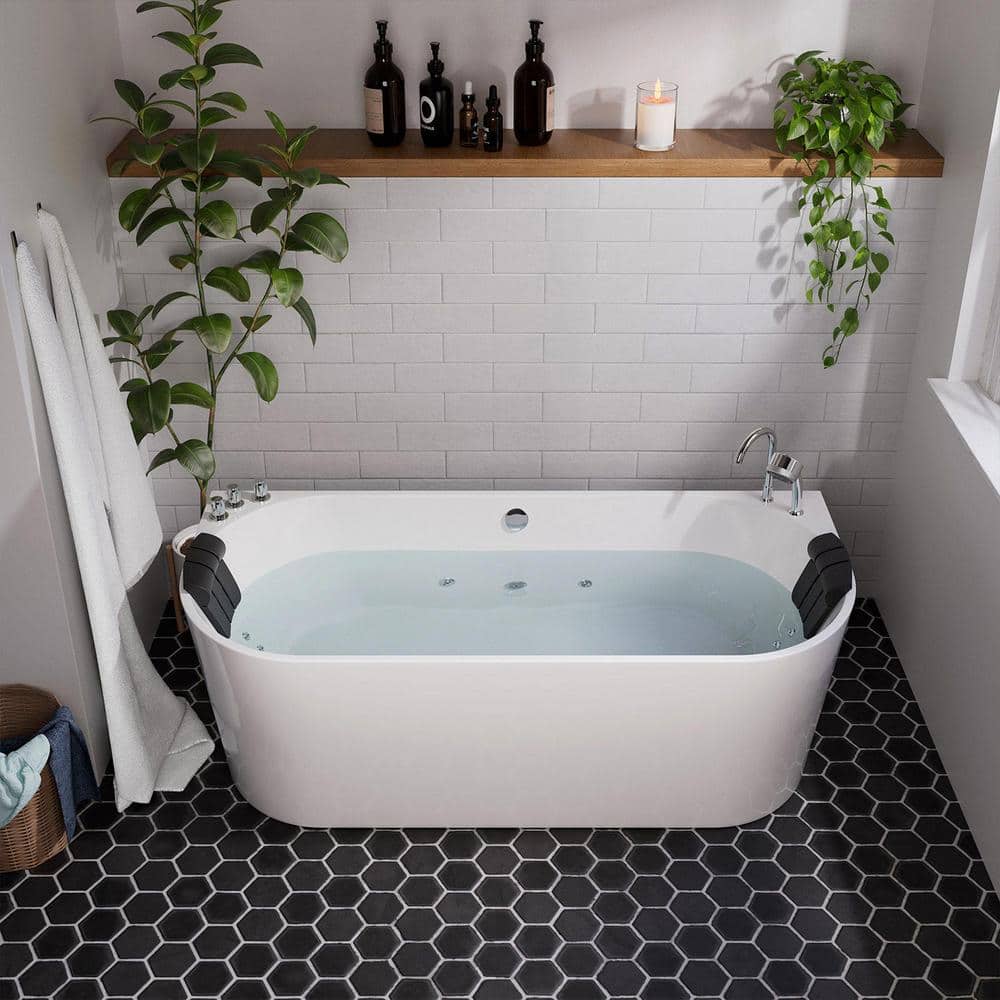 59'' White Freestanding Acrylic Whirlpool Bathtub with Faucet