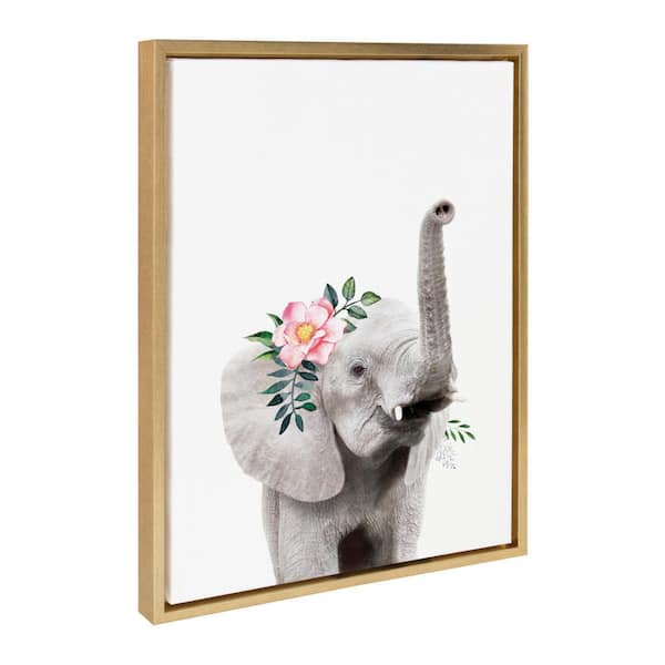Kate and Laurel Sylvie Flower Crown Elephant Framed Canvas by Amy Peterson Art Studio (Set of 1) Animal Art Print 18.00 in. x 24.00 in.