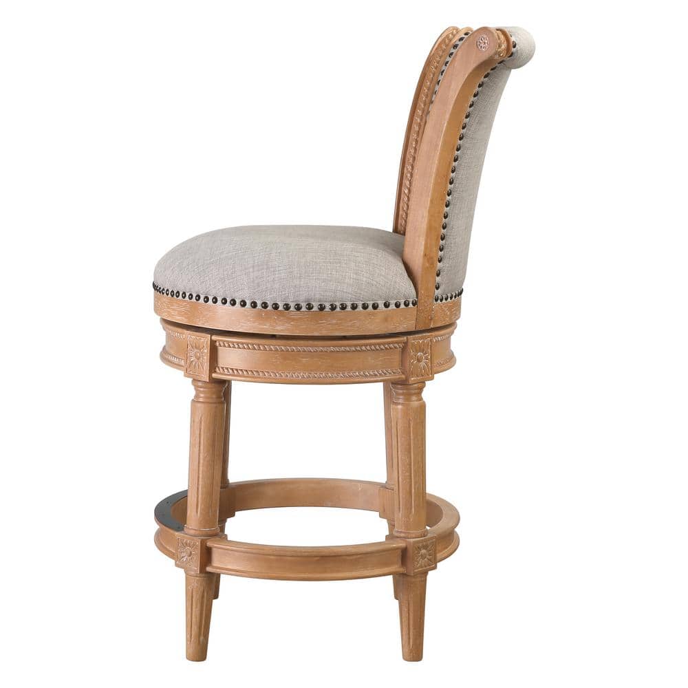 Chapman 26" Weathered Natural Wood Swivel Counter-Height Barstool with Gray Upholstery