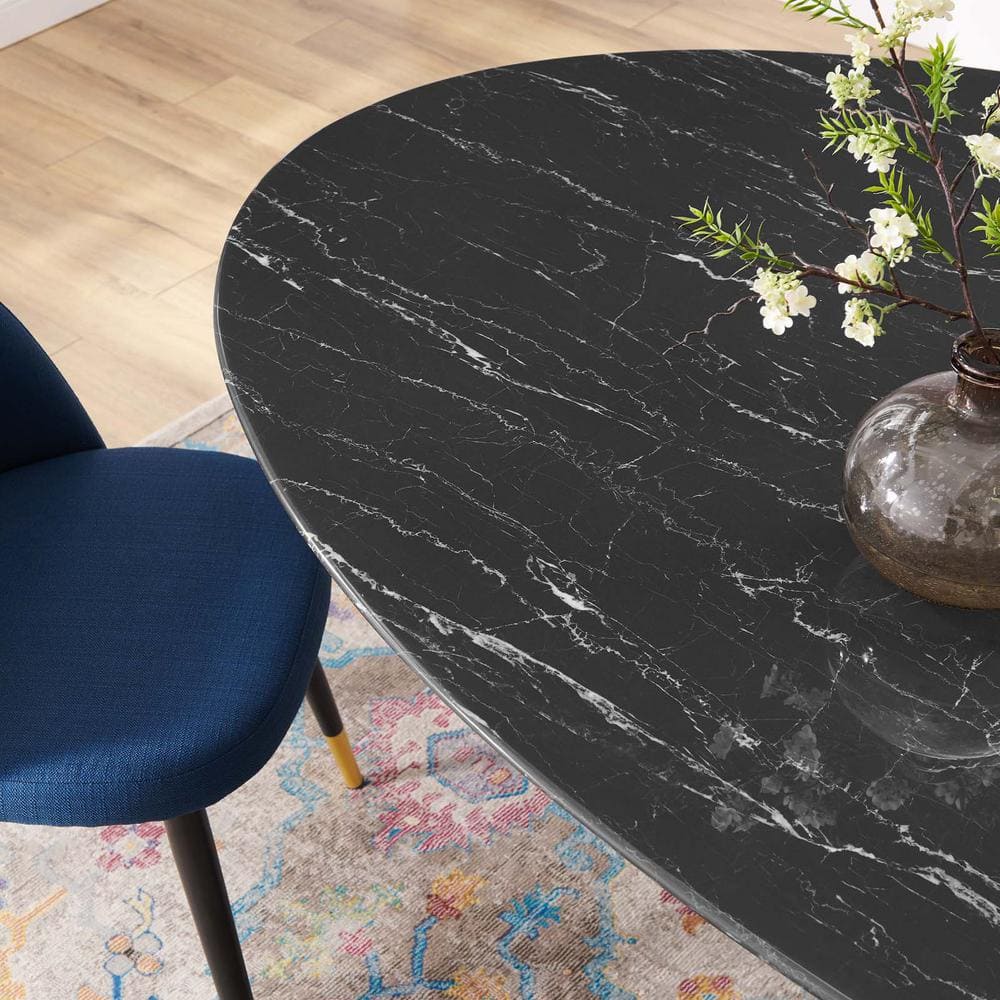 Black Oval Artificial Marble Dining Table with Metal Pedestal Base