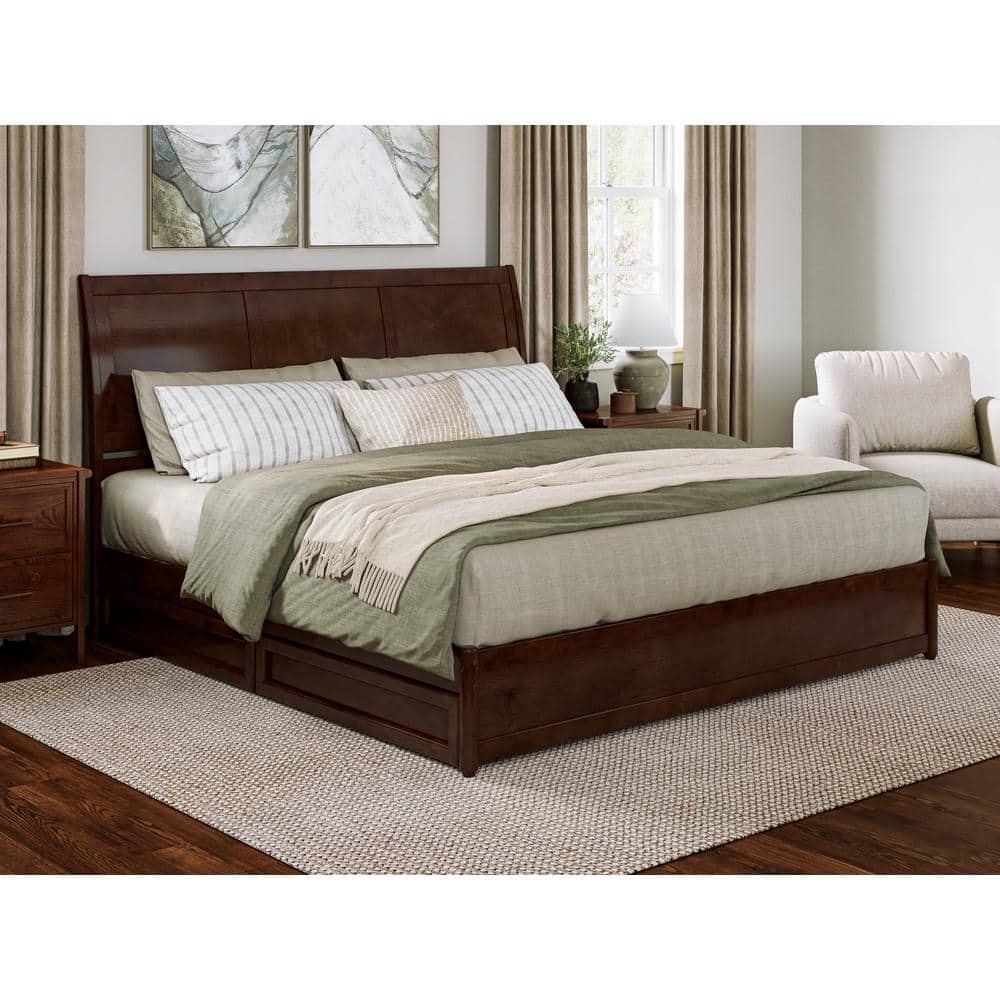 Walnut King Platform Bed with Storage Drawers and Wood Headboard