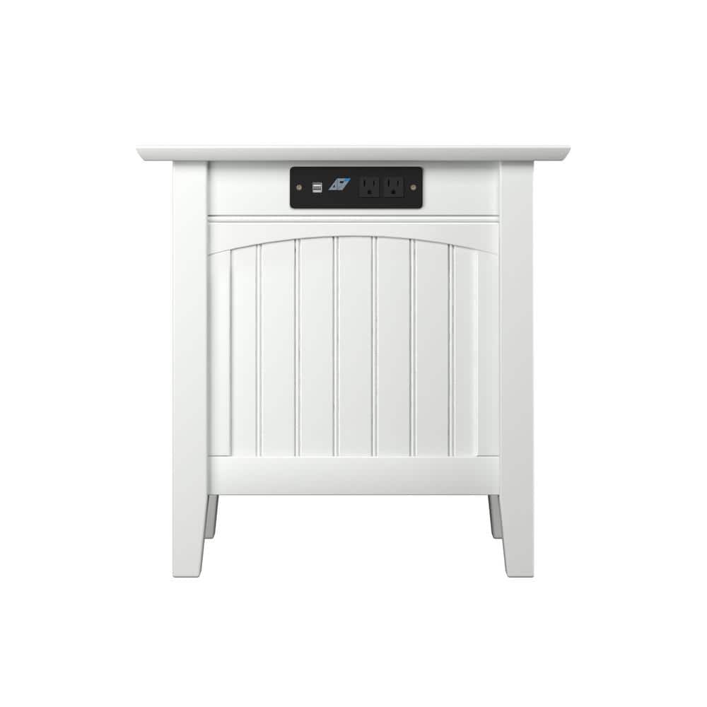 White Wood Chair Side Table with USB Charging Ports