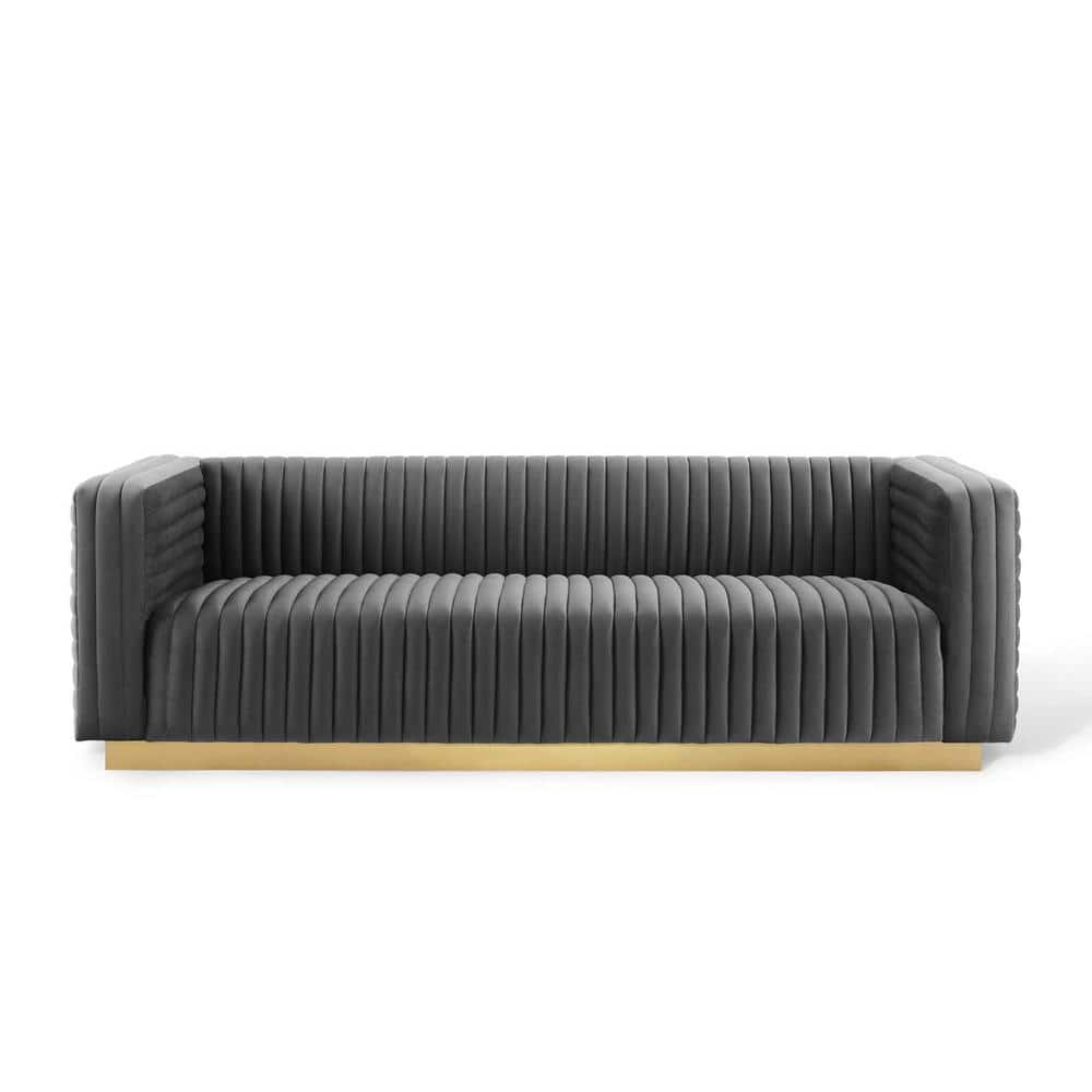 Charcoal Velvet Tufted Sofa with Gold Base