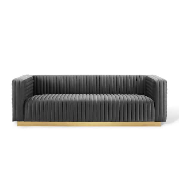 MODWAY Charisma 36 in. Gray Channel Tufted Velvet 3-Seater Tuxedo Sofa with Square Arms