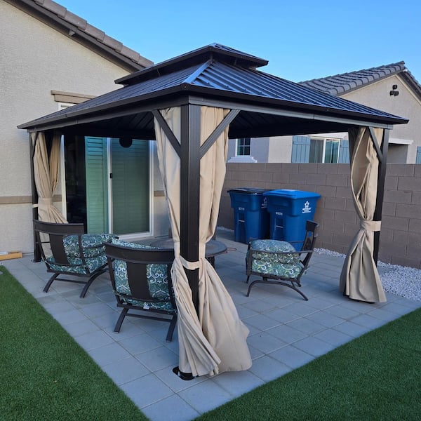 10 ft. x 14 ft. Bronze Aluminum Outdoor Hardtop Gazebo Metal Frame Galvanized Double Roof with Curtains and Nettings