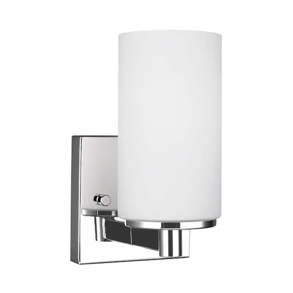 Generation Lighting Hettinger 4 in. 1-Light Chrome Transitional Contemporary Wall Sconce Bathroom Vanity Light with White Glass and LED Bulb