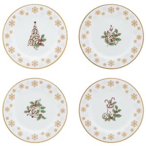 Holly and Berry Gold 6.25 in. (White) Porcelain Appetizer Plates, (Set of 4)