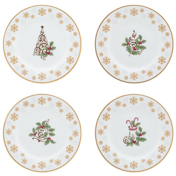 Noritake Holly and Berry Gold 6.25 in. (White) Porcelain Appetizer Plates, (Set of 4)