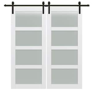 72 in. x 84 in. 4-Lite Frosted Glass Primed MDF Double Sliding Barn Door with Hardware Kit