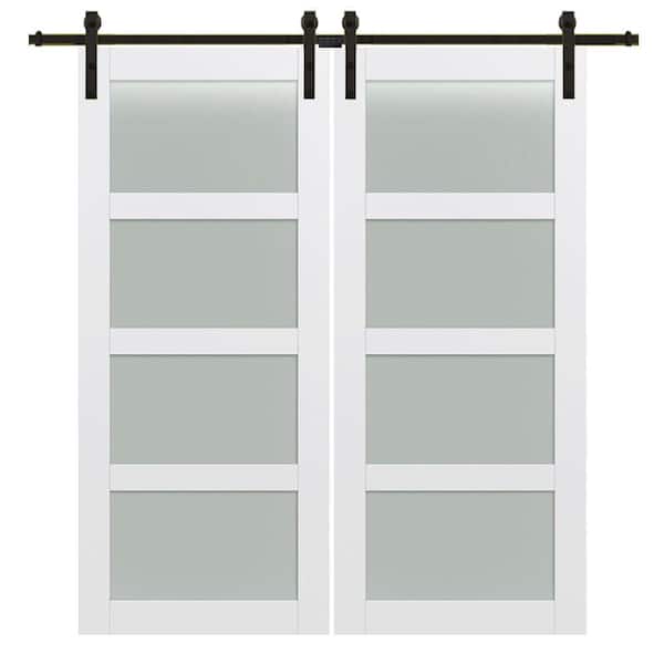 MMI Door 72 in. x 84 in. 4-Lite Frosted Glass Primed MDF Double Sliding Barn Door with Hardware Kit
