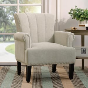 Cream Polyester Rivet Tufted Armchair Accent Chair with Solid Rubber Legs