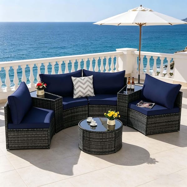 7-Piece Half-Moon Wicker Outdoor Patio Conversation Set with Blue Cushions, Tempered Glass Round Coffee Table