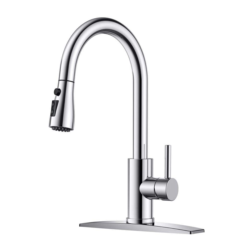 Single Handle Pull Down Sprayer Kitchen Faucet with Deck Plate in Chrome Stream Spray with Spot Resist Stainless -  androme, H0023HC