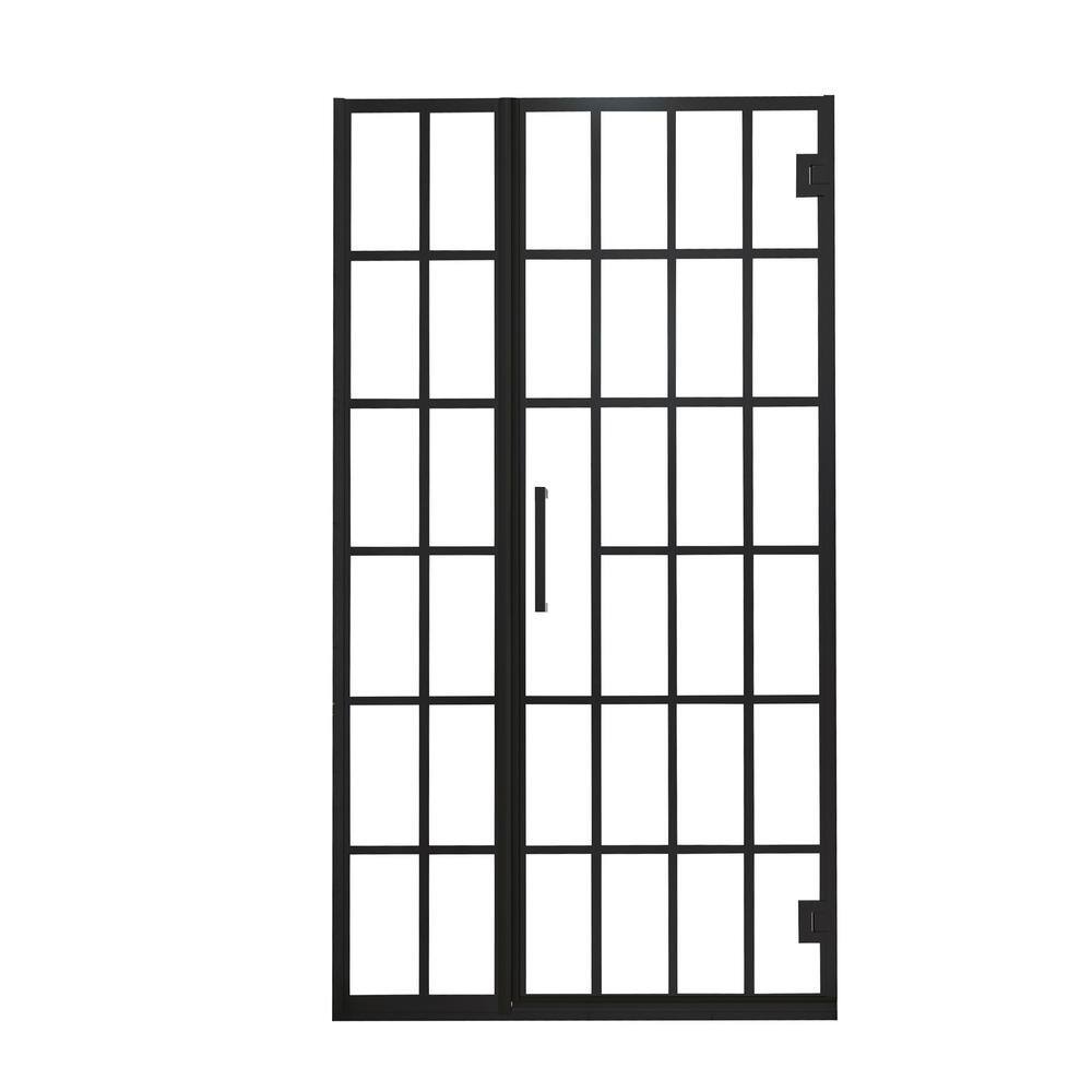 34" Matte Black Semi-Frameless Pivot Shower Door with Patterned Glass