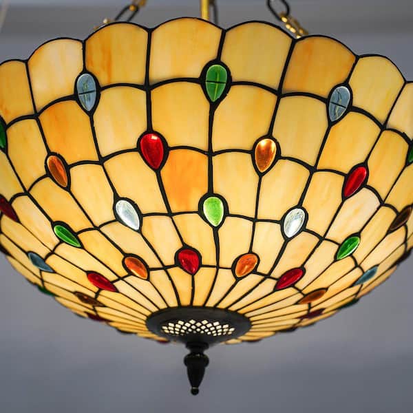 OUKANING 20.5 in. 5-Light Retro Stained Glass Shade Semi-Flush