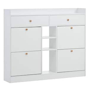 White Free Standing Multifunctional 2 Tier Shoe Storage Cabinet Organizer with 4 Flip Drawers for Entrance Hallway