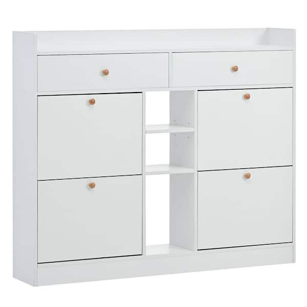 Polibi White Free Standing Multifunctional 2 Tier Shoe Storage Cabinet Organizer with 4 Flip Drawers for Entrance Hallway