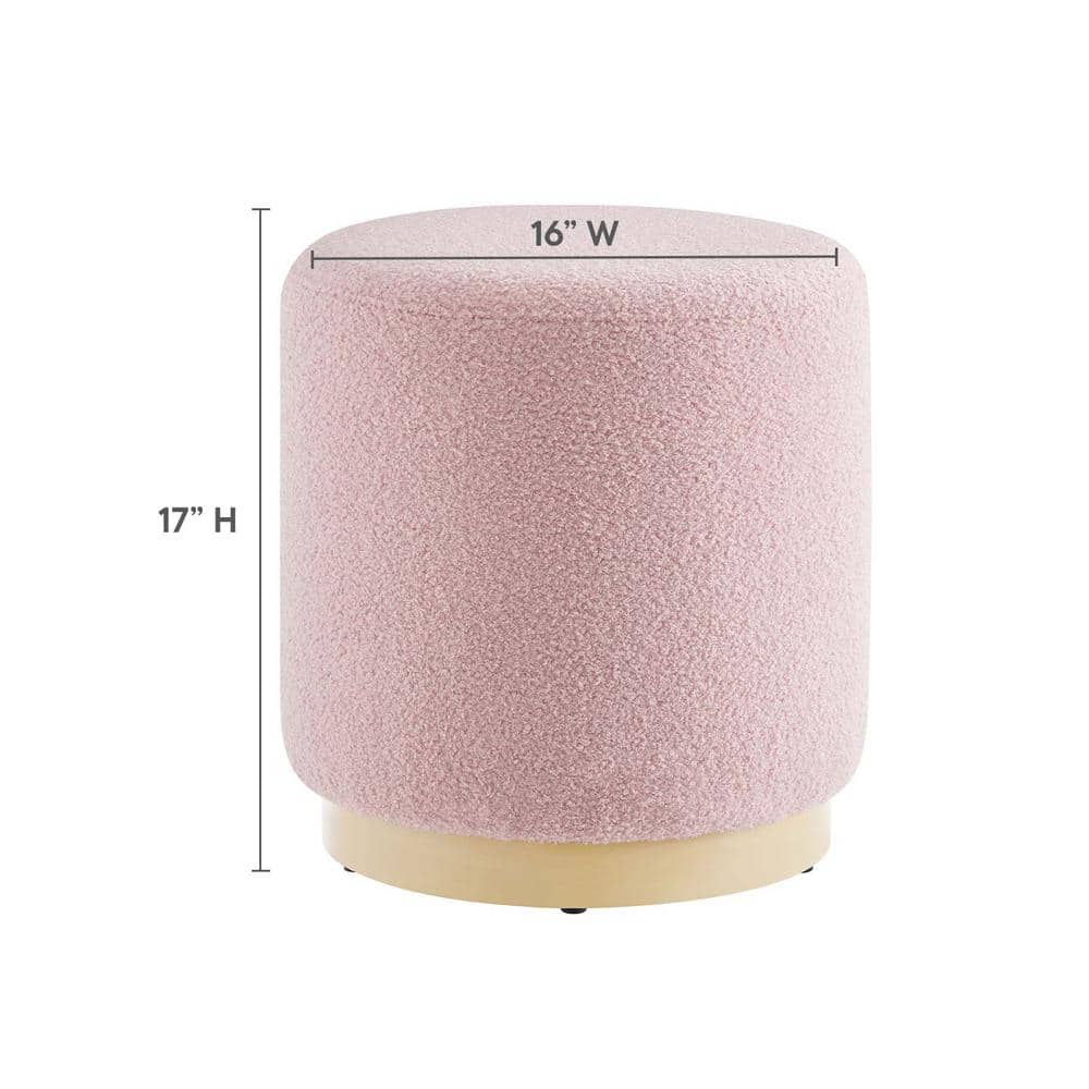 Blossom Pink Sherpa Upholstered Round Ottoman with Rubberwood Base