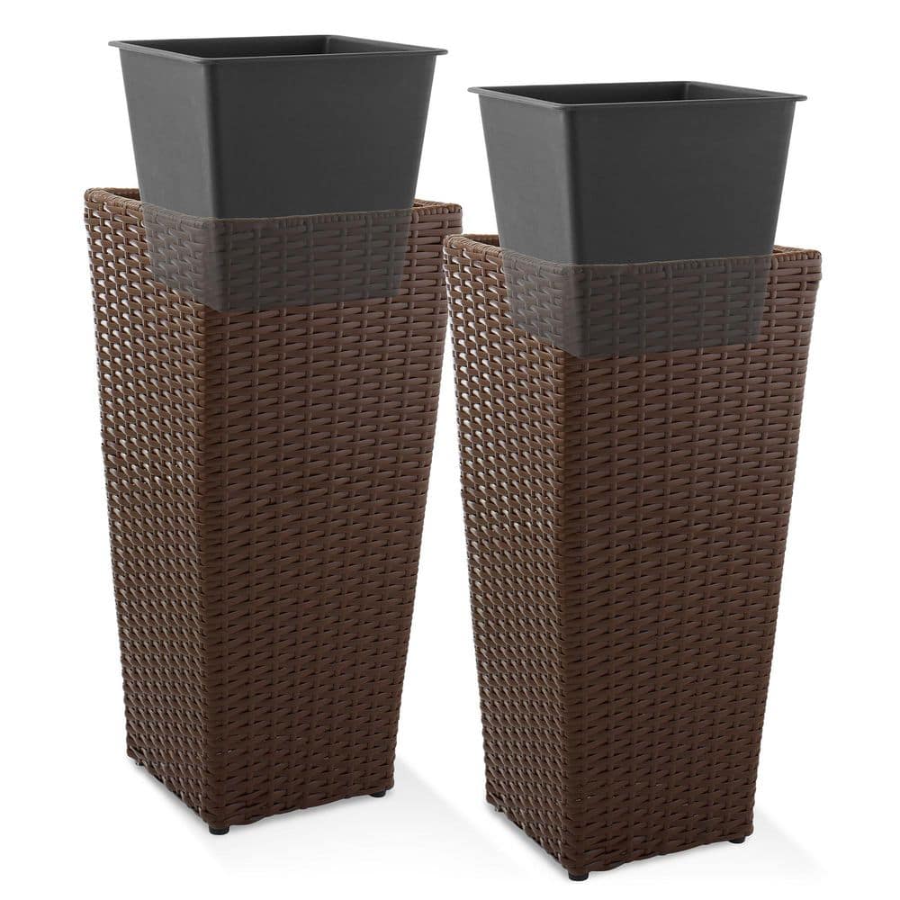 Espresso Tall Tapered All-Weather Poly Rattan Planters, Set of 2