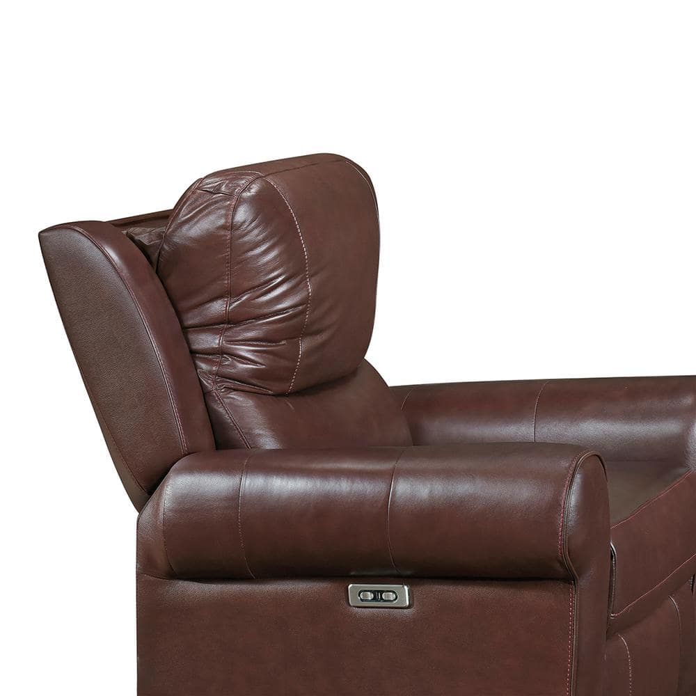 Brown Leather Power Recliner with Wood Frame and USB Port