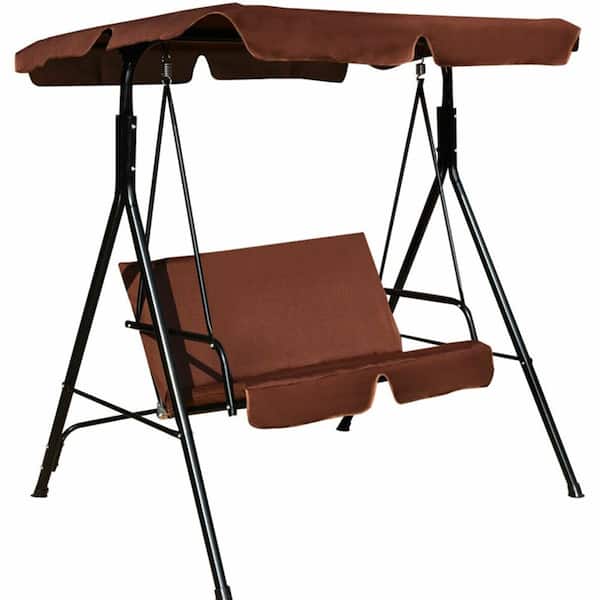 Mondawe Brown 2-Person Outdoor Porch Swing Chair Yard Glider Lounge Chair with Removable Cushion & Convertible Canopy