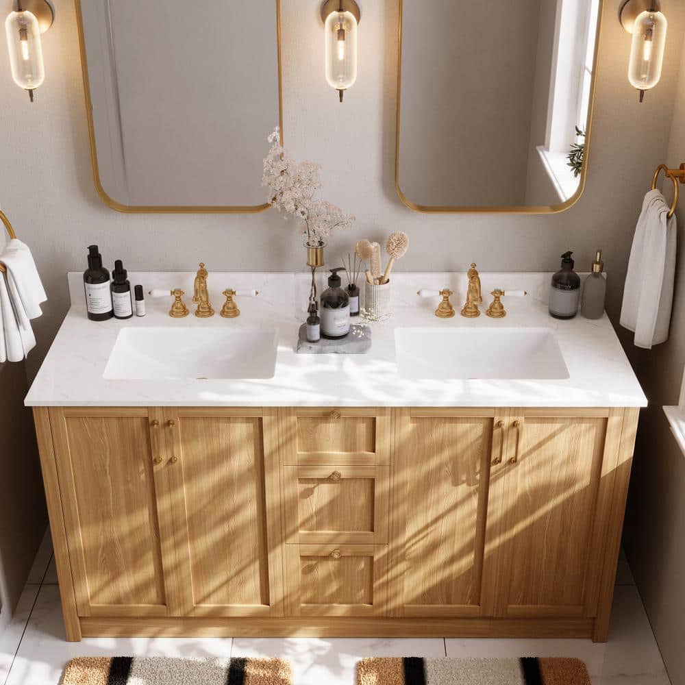 61" White Engineered Stone Double Vanity Top with Ceramic Sinks