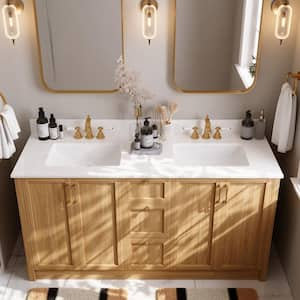 61 in. W x 22 in. D Engineered Stone White Rectangular Double Sink Bathroom Vanity Top with 3-Faucet Hole and Overflow