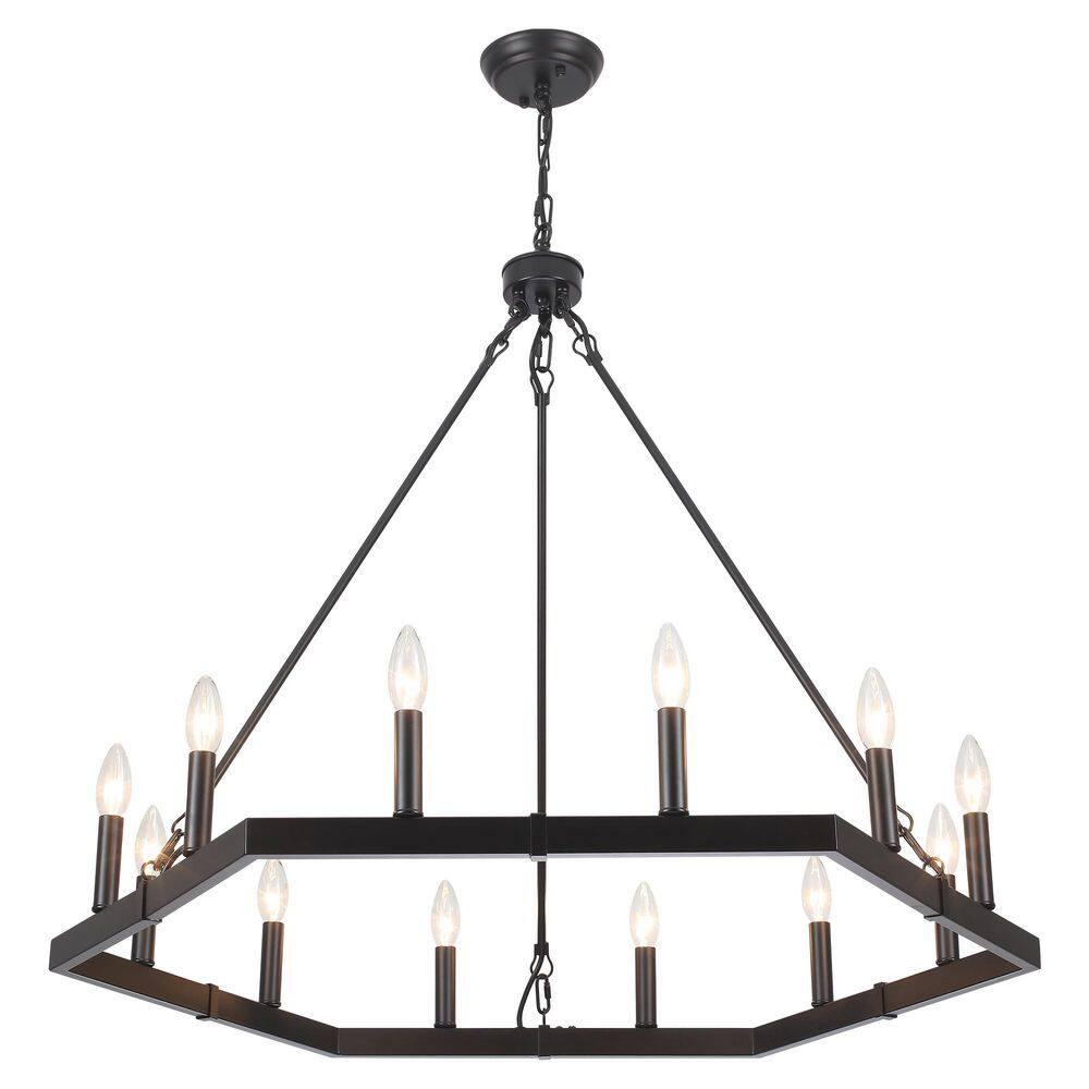 Rustic Farmhouse 35 in. 12-Light Black Metal Hexagon Wagon Wheel Chandelier with Adjustable Chain for Dining Room price history on PriceWatchPro