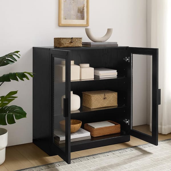 CROSLEY FURNITURE Essen Black Faux Wood 31.75 in. Stackable Pantry Cabinet with Glass Doors