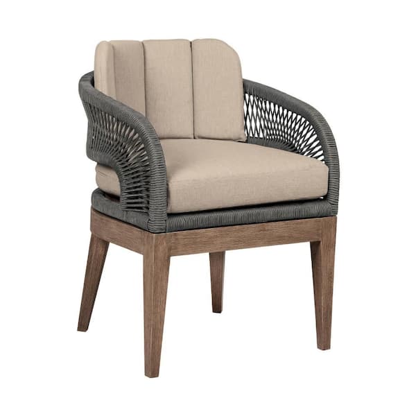 Benjara Kimi Brown and Gray Wood and Woven Rope Outdoor Dining Chair with Taupe Cushion
