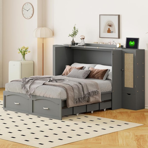 Harper & Bright Designs Gray Wood Frame Full Murphy Bed with Drawers, 2-Cabinets, Sockets and USB Ports, Pulley Structure, Rattan Decoration