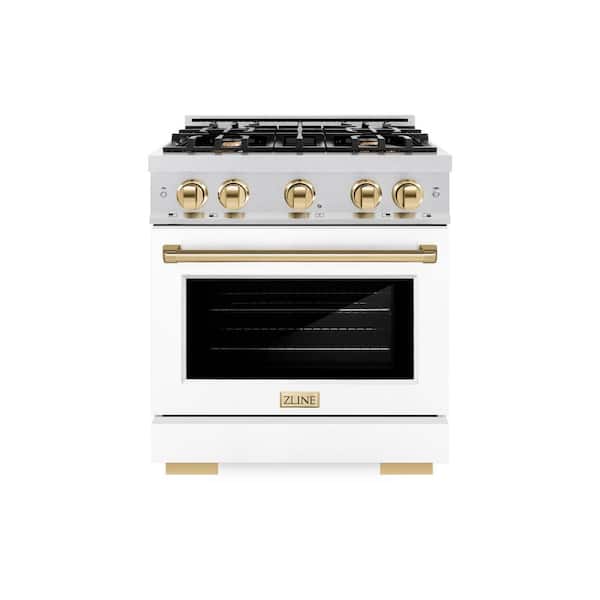 ZLINE Kitchen and Bath Autograph 30 in. Select Dual Fuel Range with 4 Burners and Convection Oven in Satin Steel with White and Gold Accents
