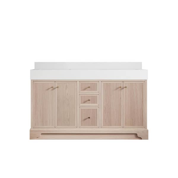 Willow Collections Manhattan Oak 60 in. W x 22 in. D x 36 in. H Double Sink Bath Vanity in White Oak with 5" White Quartz Top