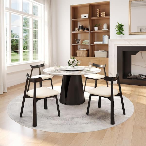 White Microfiber Leather Dining Chair (Set of 4), Upholstered Side Chairs with Wood Legs for Dining Room