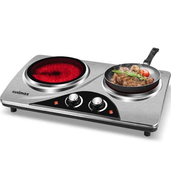 Double Cast Iron Burner 7.1 in. and 5.9 in. Stainless Steel Hot Plate in Sliver with Thermostatic Control