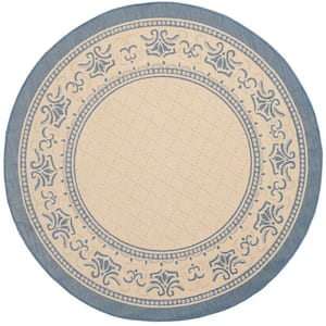 Courtyard Natural/Blue 5 ft. x 5 ft. Round Border Indoor/Outdoor Patio  Area Rug