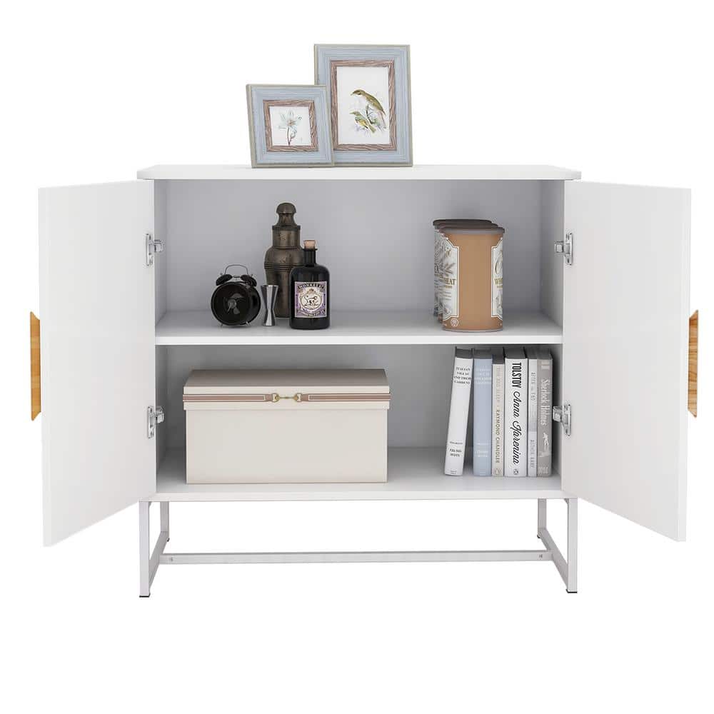 White MDF and Iron Frame Sideboard with Square Wooden Handle