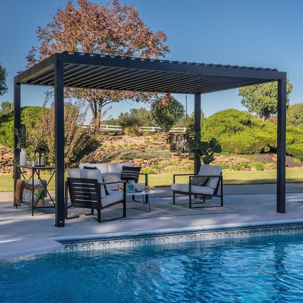 Sarasota 14 ft. x 10 ft. Black Powder Coated Steel Louvered Pergola with Integrated Drainage and Gutter Guards