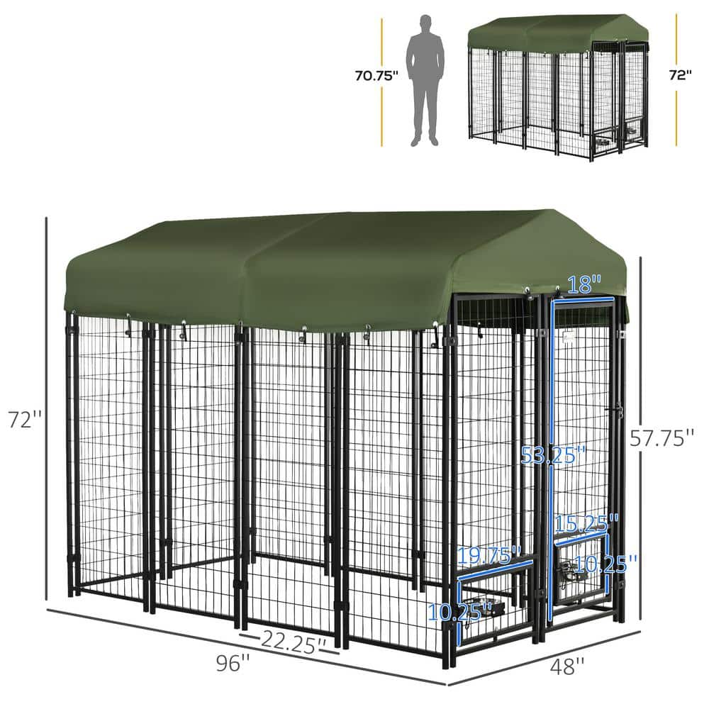 Outdoor Dark Green Steel Dog Kennel with Canopy