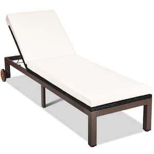 Brown Back Adjustable Rattan Wicker Outdoor Patio Lounge Chair Chaise Recliner with Beige Cushions