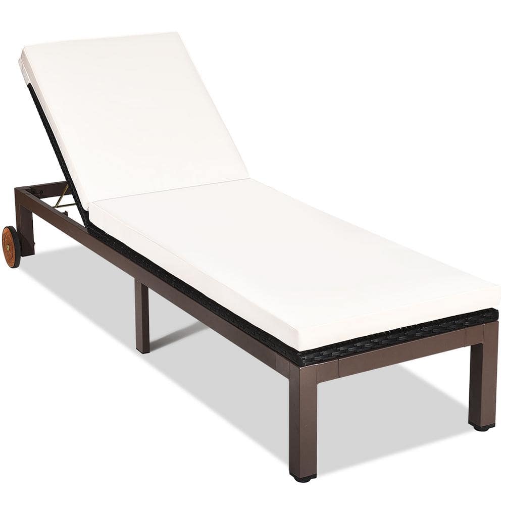 Costway Brown Back Adjustable Rattan Wicker Outdoor Patio Lounge Chair Chaise Recliner with Beige Cushions QD-6DJ-2