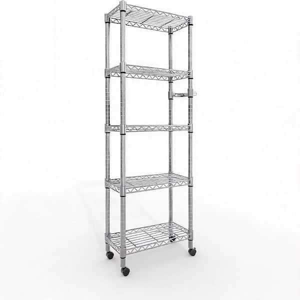 5-Tier Wire Shelving Storage Shelving Unit Silver Rolling Metal Rack with Side Handle & Wheels for Garage Kitchen Pantry