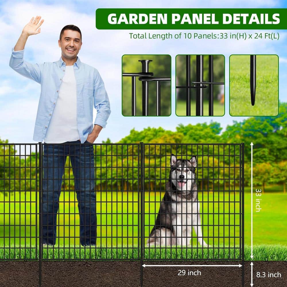 33-Inch Black Metal Garden Fence Panels for Animal Barrier and Decoration
