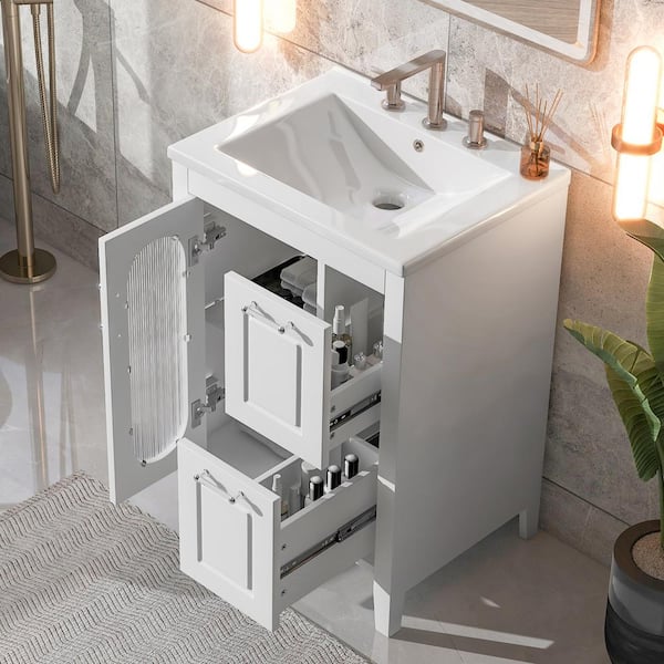 Aoibox 24inch White Bathroom Vanity Sink Combo for Small Space Modern Design with Ceramic Basin Gold Legs and Semi-Open Storage