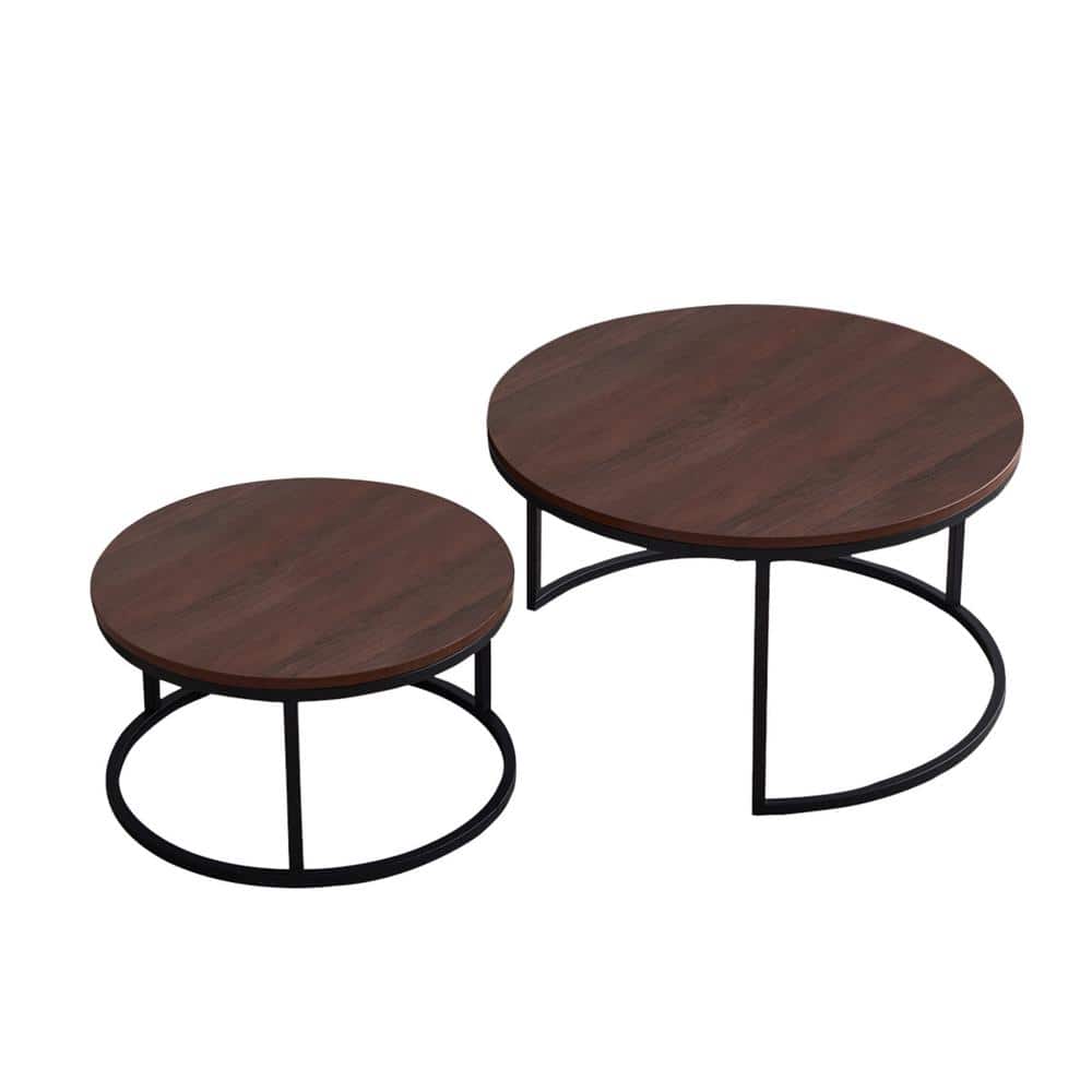 Black Metal Outdoor Coffee Table, Walnut Color Table Top