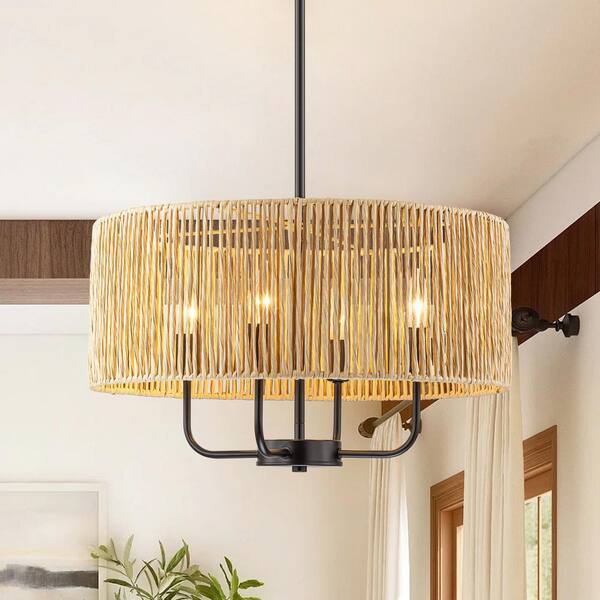 Rennnsan Josie 4-Light Black Boho Rattan Drum Chandelier CL8101