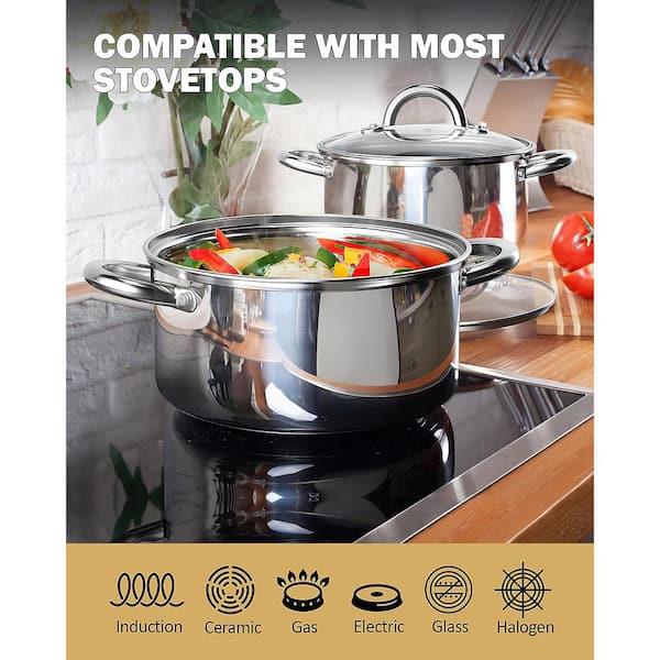 Silva Stainless Steel Stock Pots with Glass Lid Set of 4 Soup Pot Deep Casserole Cooking Pot Cookware